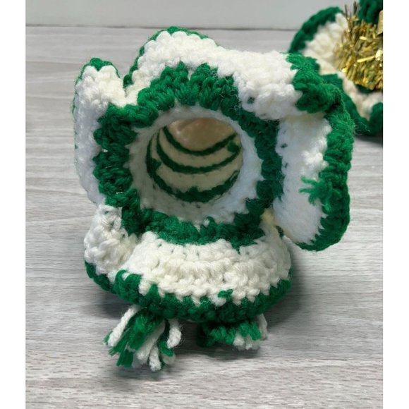 Vtg 70s Crocheted Christmas Candles With Flames Lot of 2 Green White Handmade - Picture 6 of 9